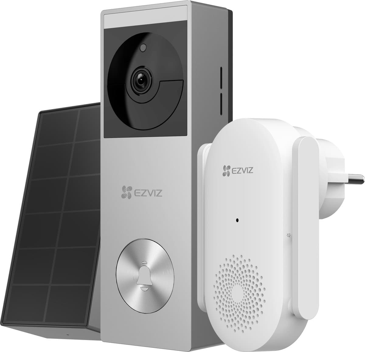 EZVIZ HP3 Pro + CH1 – Video Deurbelset – 2K HD – Kleur Nachtzicht – Geen Abonnement – 32GB Opslag – Zonnepaneel – IP65 - Zilver - 1 Set