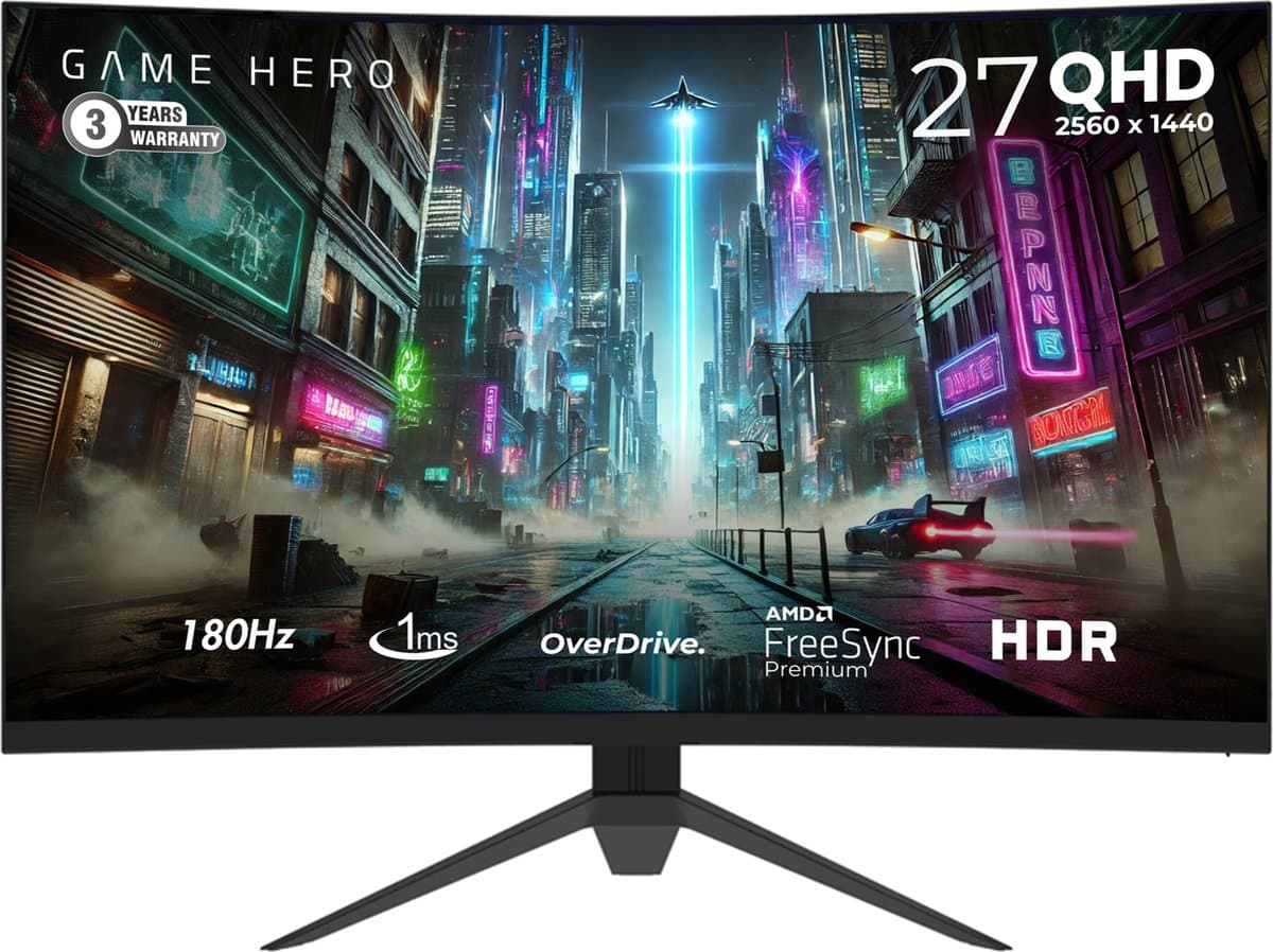 GAME HERO® 27 inch QHD VA Curved Monitor - Gaming Monitor - 180hz Monitor - 1ms