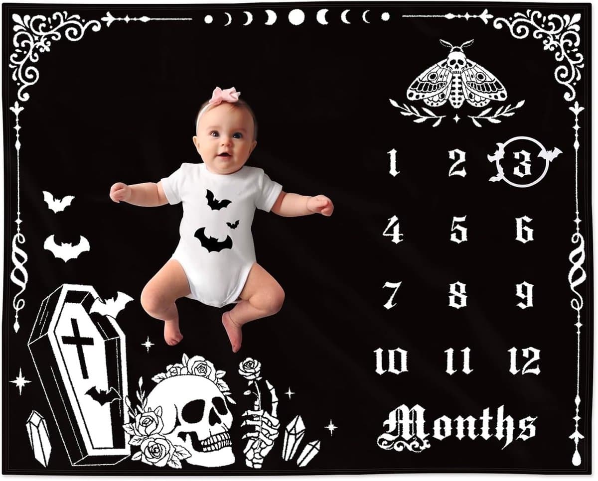 Mijlpaal Deken Baby Gothic Stijl – Jongen & Meisje – Groeigrafiek Foto Prop – Vleermuis & Schedel Decoratie