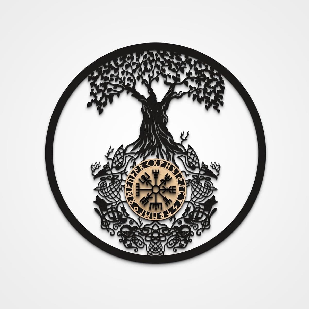 Wanddecoratie Levensboom - Muurdecoratie Viking - Woonkamer Decoratie - Laser gegraveerd design - 48 cm diameter - Teak hout