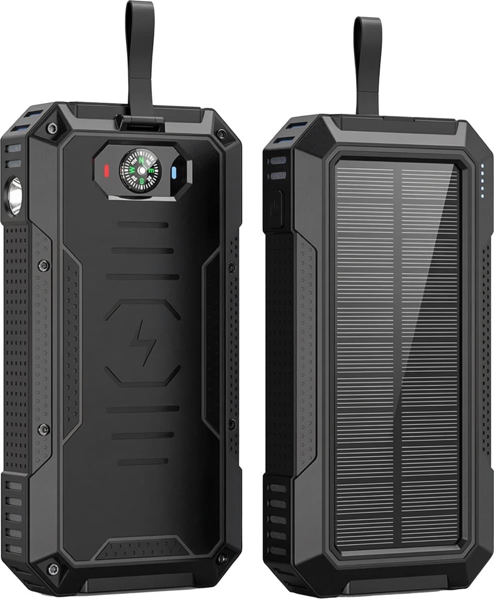 Lugia Solar Powerbank 30000 mAh – 22.5W Snelladen – Zonnepaneel – Draadloos Opladen 15W – 4 Outputs – USB-C & USB-A – LED Display – Zaklamp – Outdoor – Zwart