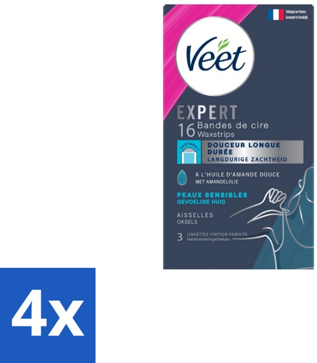 4 x Veet – Ontharingsstrips – Expert Gevoelige Huid Oksels – 16 Strips - Okselhuid Ontharing - Waxstrips Oksels - Haartjes Verwijderen - Gevoelige Huid Verzorgen - Amandelolie Waxstrips
