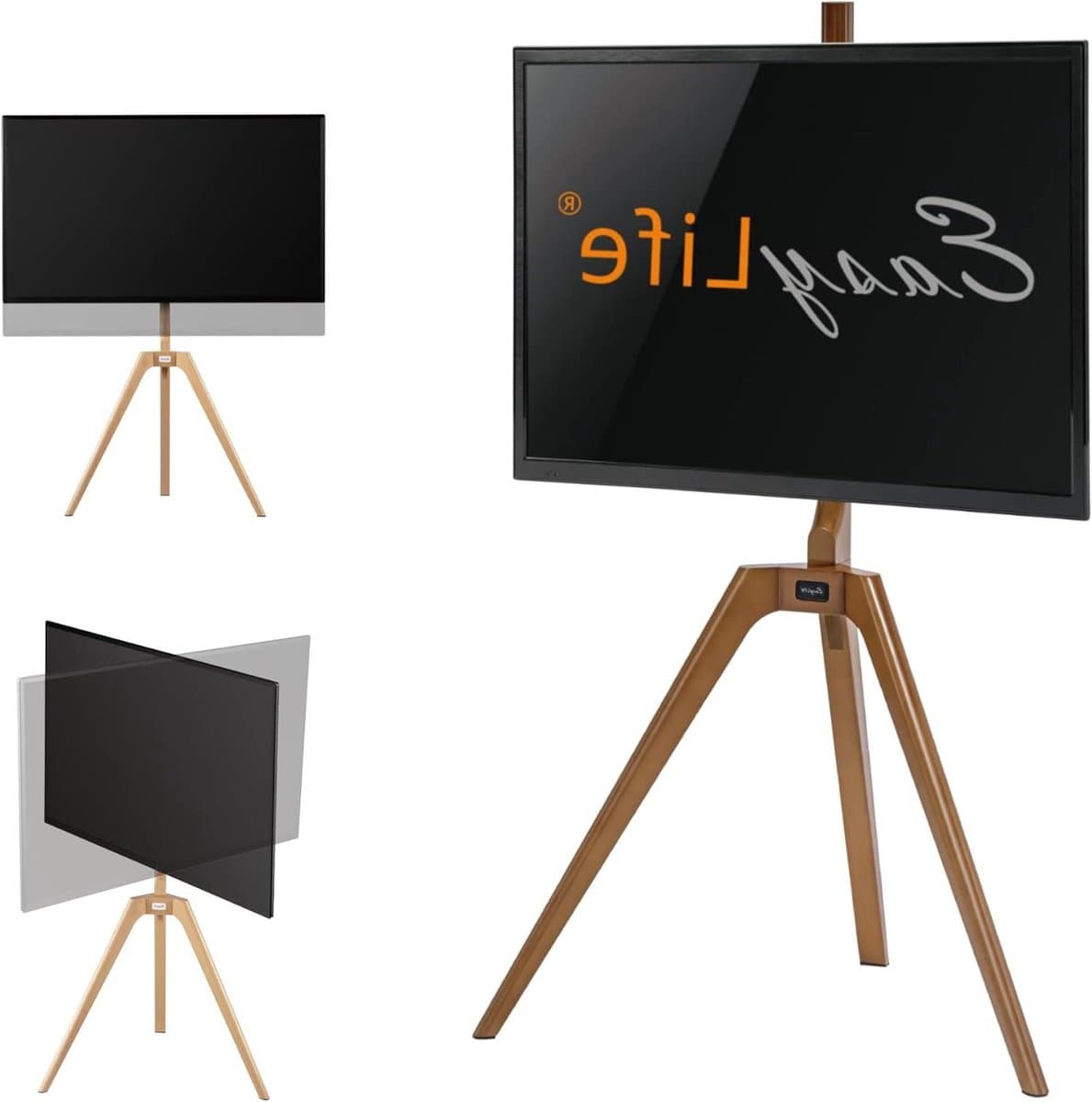 - Wooden easel tripod TV stand - Studio TV tripod for screens up to 65 inch & 40 kg, height adjustable and rotatable, with cable management and VESA compatibility up to 400x400 (white/walnut)