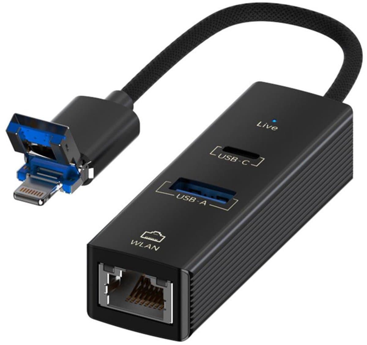 USB + 8-Pin naar USB-C Female + RJ45 Ethernet + USB-A Adapter – Multiport Converter voor iPhone, iPad en laptop - zwart