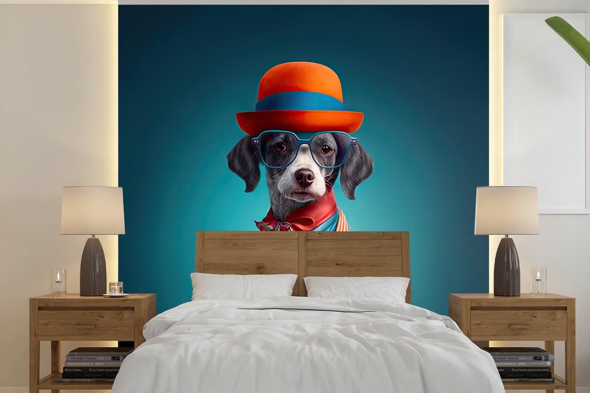 Behang - Fotobehang Hond - Colbert - Bloemen - Portret - Blauw - Breedte 300 cm x hoogte 300 cm