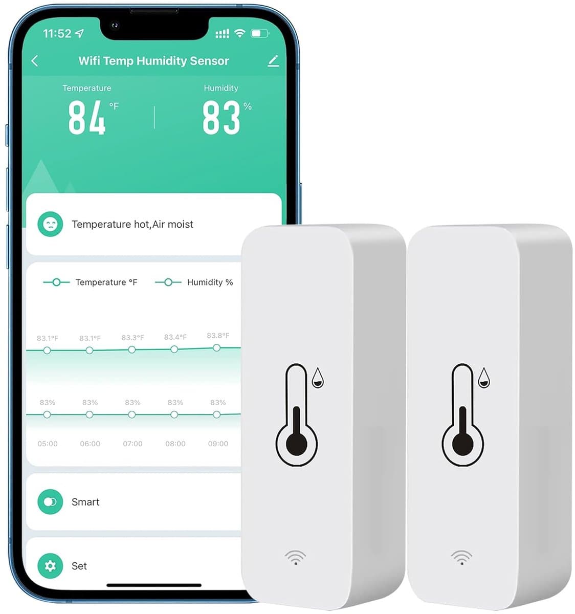 Draadloze Wifi Hygrometer en Thermometer Sensor voor Binnen en Buiten - Temperatuur en Vochtigheid Monitor met App Notificaties - 2 Stuks