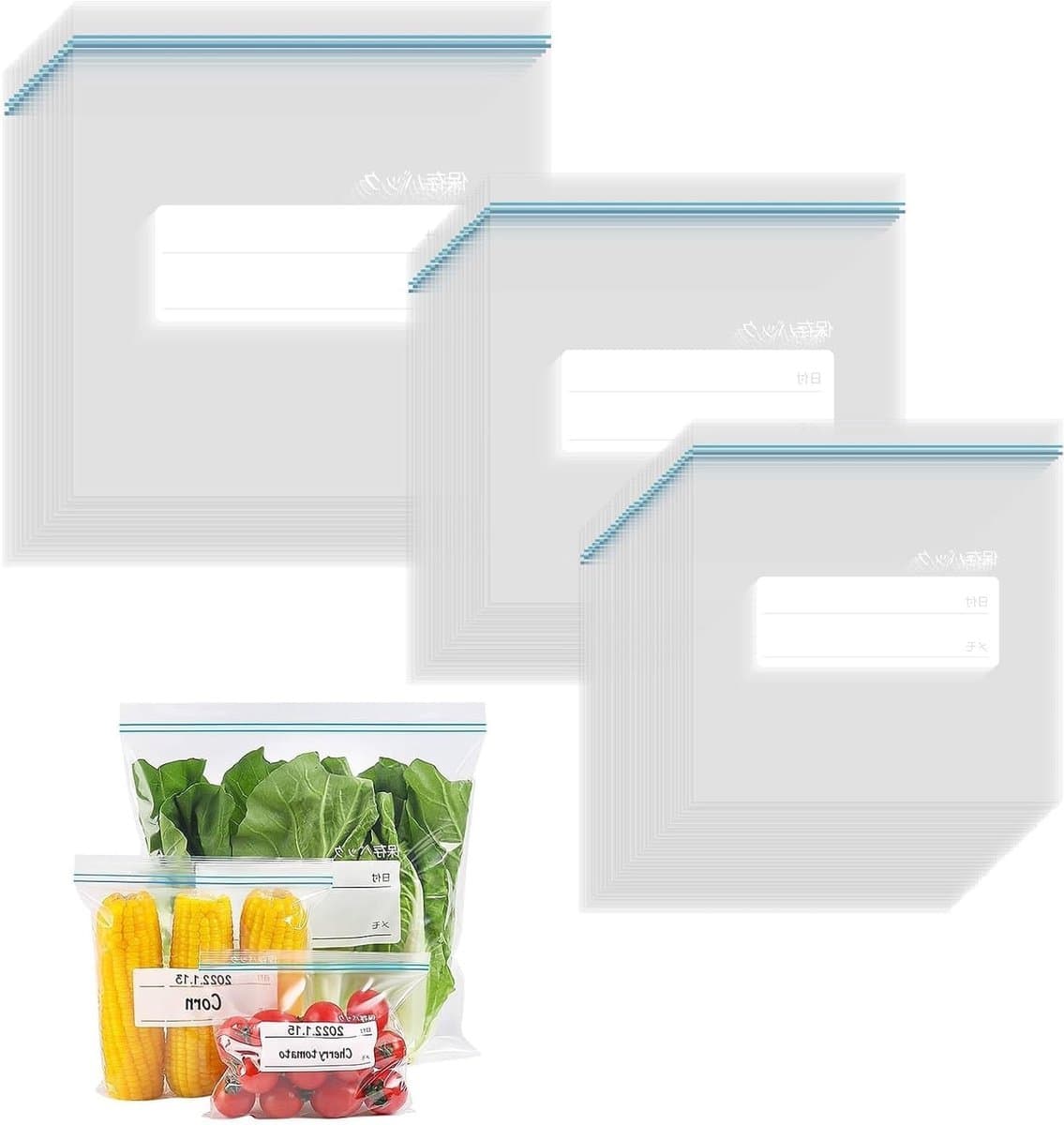 Herbruikbare diepvrieszakken, 65 stuks, ziplock, waterdicht en luchtdicht, ideaal voor het bewaren van groenten, fruit, vlees en snacks
