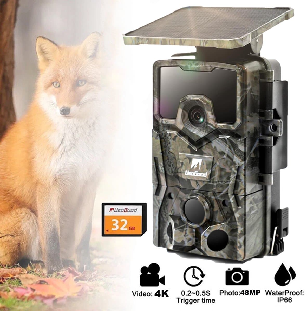 Usogood Wildcamera met Nachtzicht - 4K Ultra HD - Wildcamera met Zonnepaneel - Oplaadbare lithium-Accu - Bewegingsdetectie - Waterdicht - Incl. 32GB SD