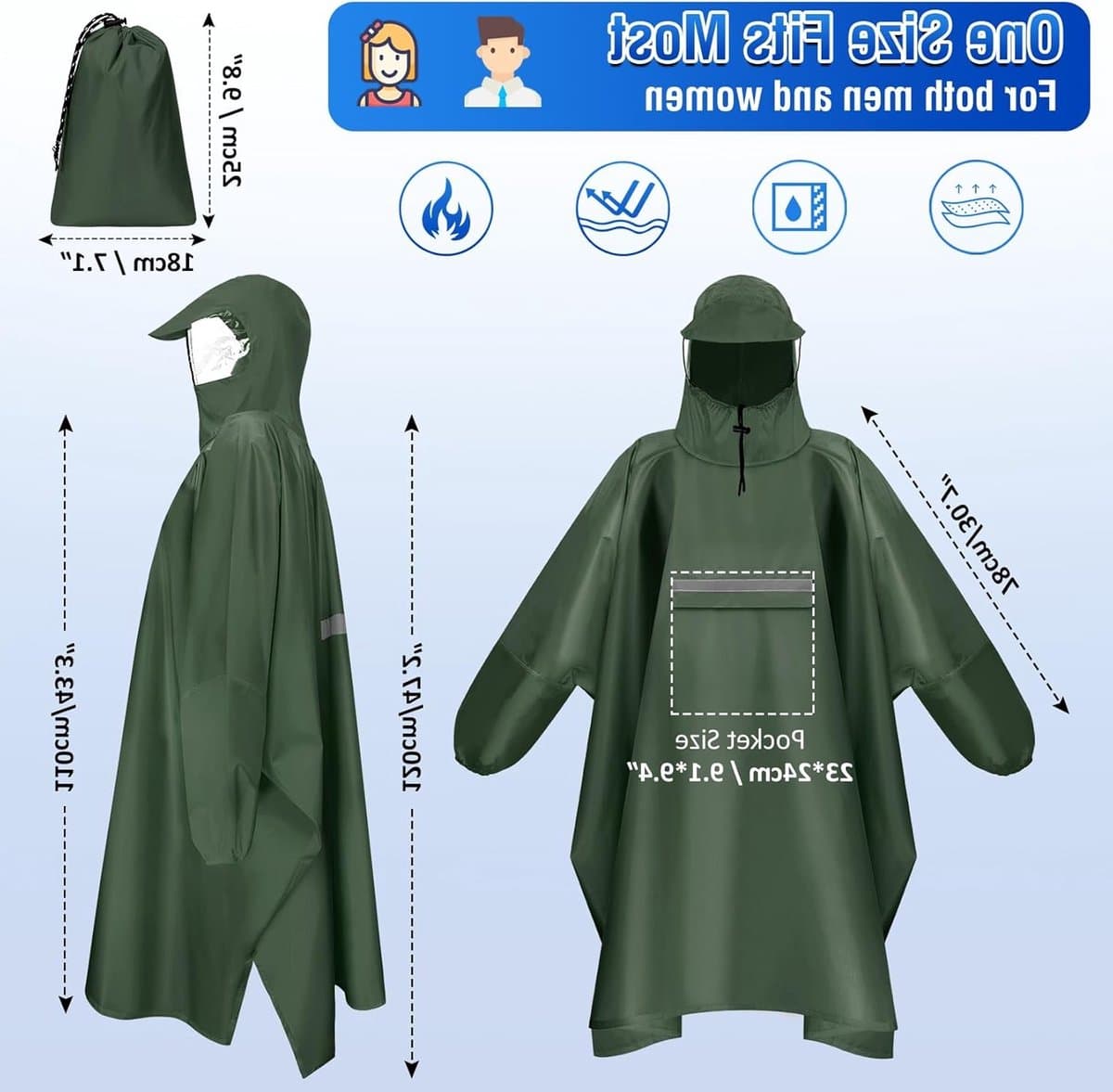 Waterdichte Unisex Regenponcho met Kap en Mouwen, Herbruikbaar voor Wandelen, Fietsen en Vissen