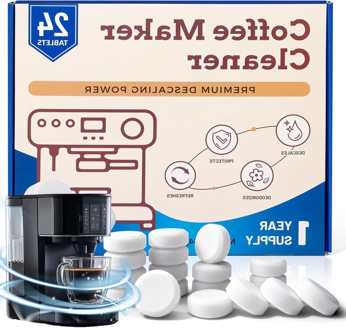 Reinigingstabletten voor volautomatische koffiemachines, 24 stuks, ideaal voor waterreservoirs van koffiezetapparaten en espressomachines, geschikt voor Nespresso, Tassimo, Melitta en Delonghi