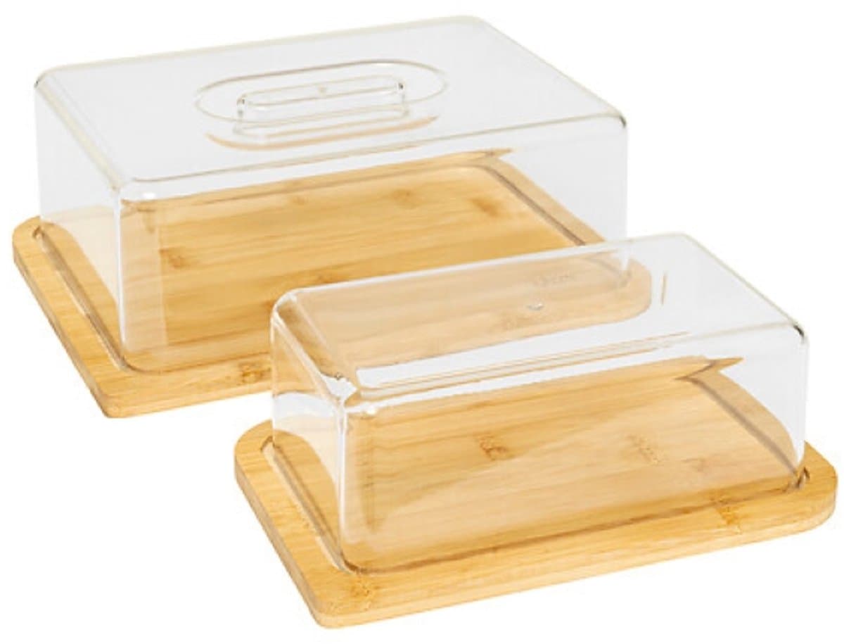 Bamboe Kaasbox & Botervloot Set - Transparante Kaas Bewaarbox met Bamboe Deksel - Boterschaal met Deksel - Kaasstolp en Boterdoos - Keuken Organiser voor Koelkast & Tafel - 24.1 x 18.7 x 8.7 cm - Transparant / Naturel Bamboe