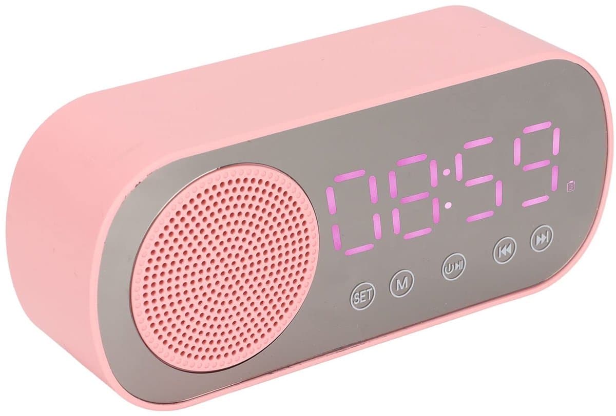 By shayne - Roze wekker - Bluetooth luidspreker - Spiegelscherm - Roze - FM-radio - Digitale klok - Geschikt voor meisjes - Roze
