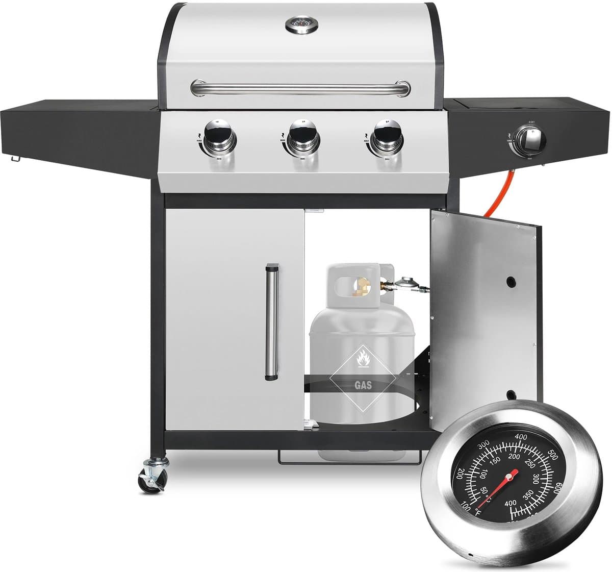 Luxe Grote Gasbarbecue met 3+1 Branders – 34.000 BTU – Roestvrij Staal – Met Zijbrander - Gietijzeren Roosters Temperatuurmeter - Opklapbare Werktafels – Draagbare BBQ op Wielen voor Buiten koken en BBQ Feesten