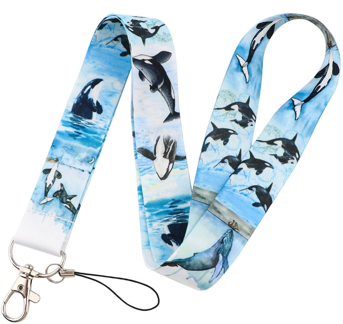 Travel Cords - Keycord Orka's en Walvissen - stevig lanyard - sleutelkoord blauw, wit en zwart - inclusief telefooncord