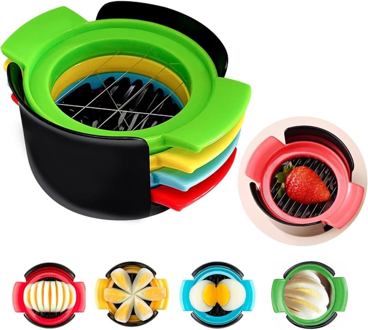 SSTRWGOOD 4-in-1 Eiersnijder - Eierstecher en Eipicker - 10,5x9x5,5cm - Geschikt voor eieren, aardbeien, kiwi en kaas - Roestvrij staal en kunststof - Vaatwasserbestendig