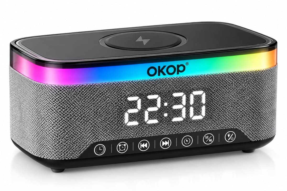 OKOP Wekker met Draadloze Oplaadfunctie - Bluetooth Speaker - AUX-aansluiting - RGB LED Licht - FM - Radio - Zwart