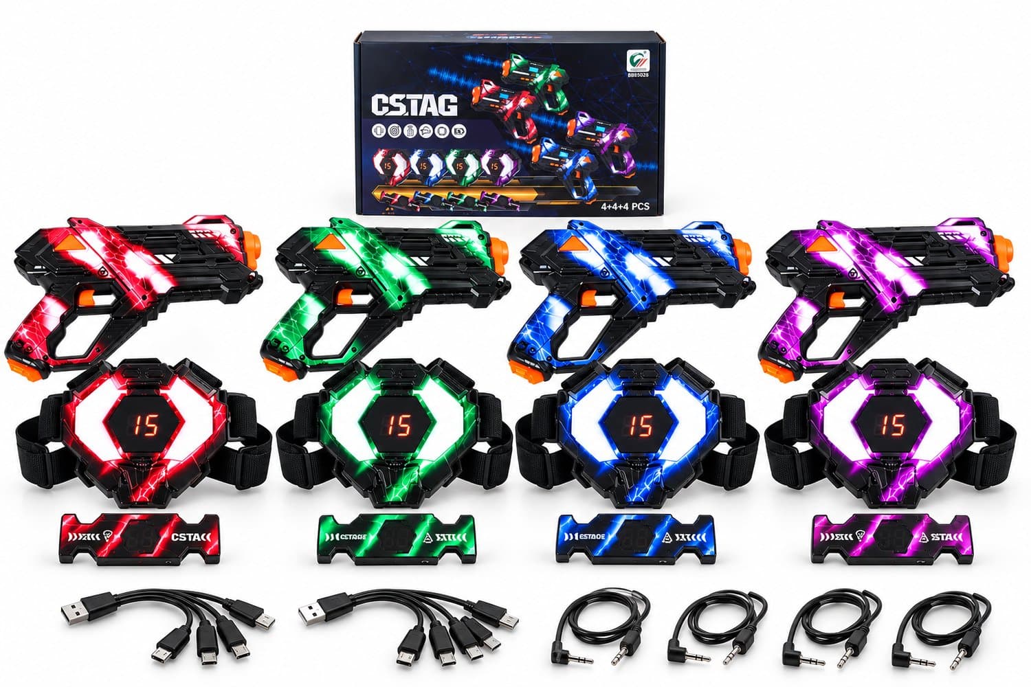 Playos® - Lasergame Set - 4 Personen - met Buik én Rugsensor - met Geluid & Trillingen - tot 40 Meter - 4 Wapenstanden - Buitenspeelgoed - Lasertag - Groepsactiviteit - Kinderen en Volwassenen