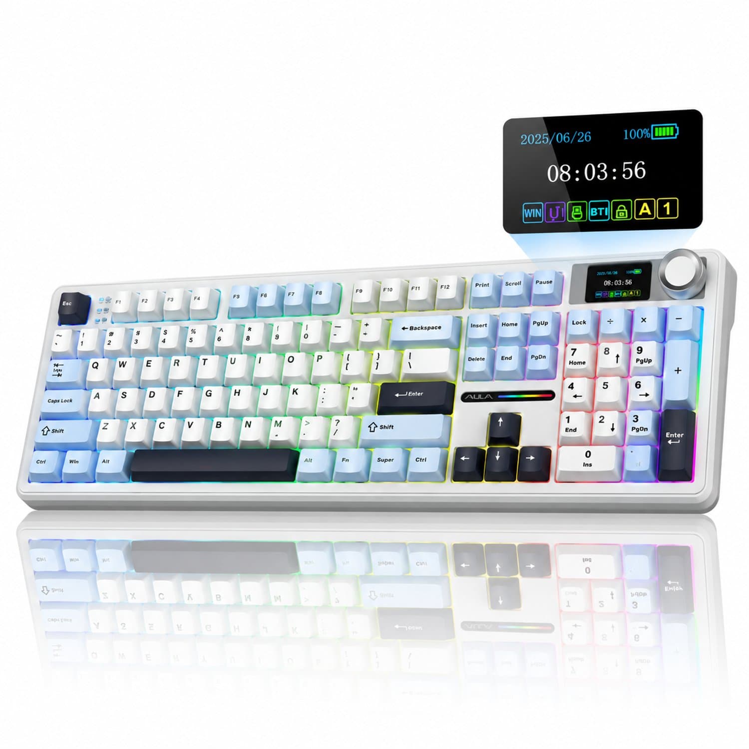 AULA F108 Pro draadloos mechanisch gamingtoetsenbord, gasket gemonteerd tri-mode Bluetooth/2,4 G/USB-C toetsenbord met slim LCD-scherm & draaiknop, hot-swappable gevoerde Reaper lineaire switch, lichtblauw