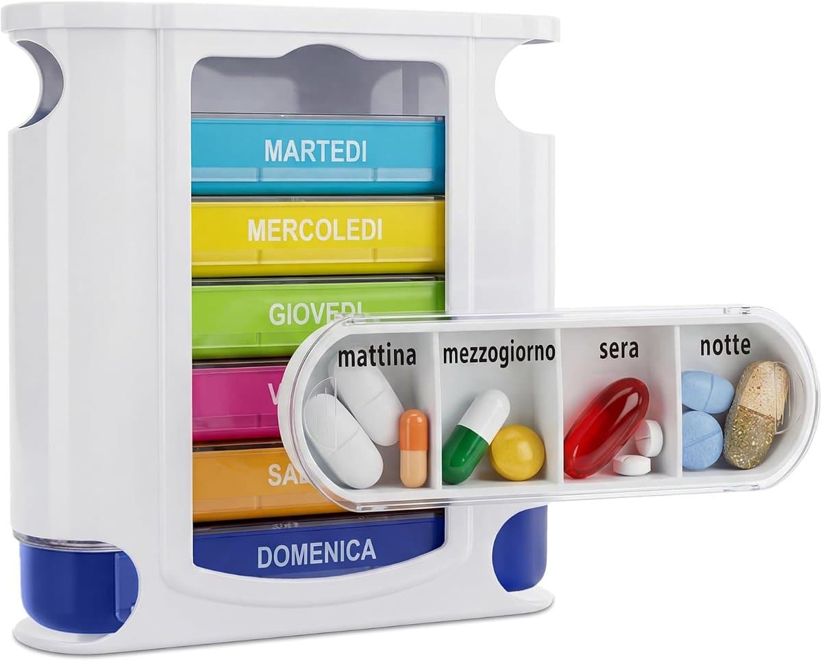 Wekelijks/dagelijks, in het Italiaans, 7 dagen van de week, 28 vakken, tablettenbox, organizer voor reizen, medicijnen, capsules, tabletten, tabletten.