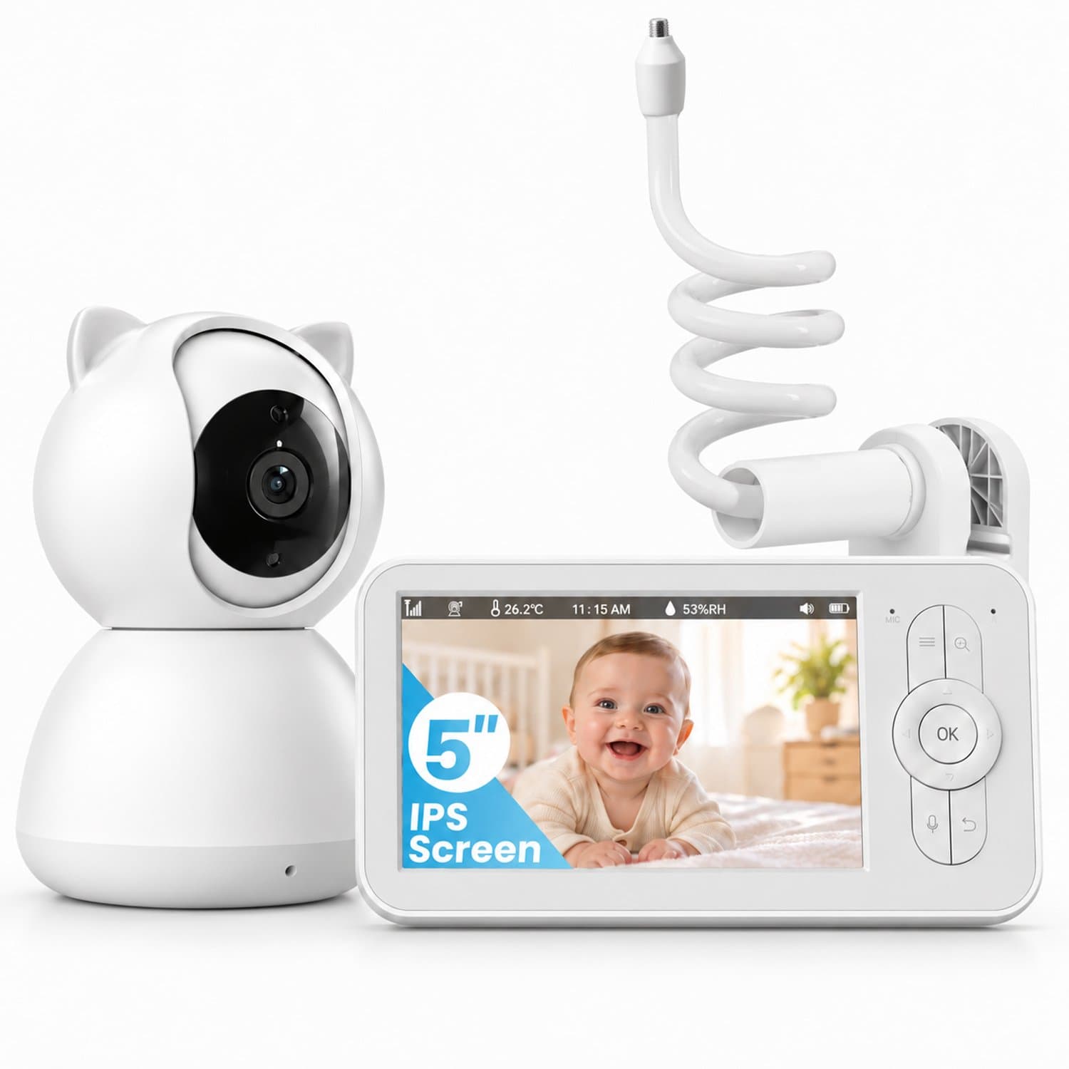 Babyfoon met Camera Zonder WiFi – 5 inch Scherm – 355° PTZ – VOX – Nachtzicht – Tweeweg Audio – 8 Slaapliedjes – 22 Uur Batterij – 260m Bereik - Babyfoon Houder