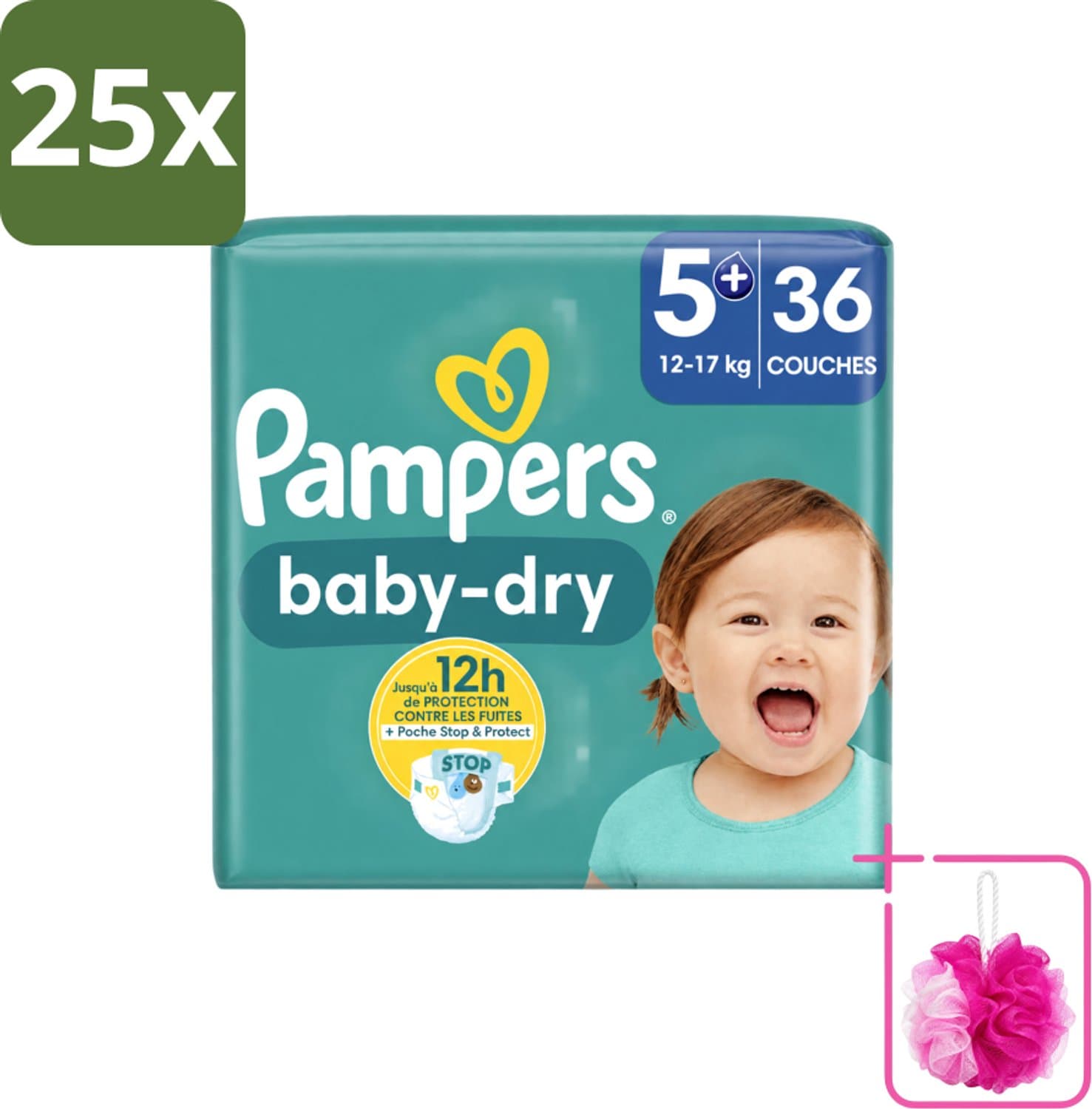 25 x Pampers – Luiers – Baby-Dry Maat 5+ (12-17 kg) – 36 Luiers - Bulkverpakking - Baby-luiers - Douchemop - Droge huid