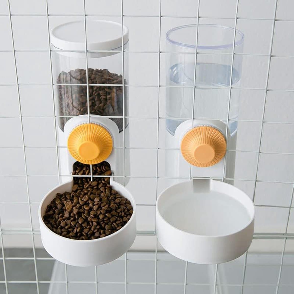 waterdispenser voor honden, kattenvoerdispenser Automatische konijnenvoerdispenser voor katten Honden Konijnen(Pearl White Set [Drinkwater + Voederbak])