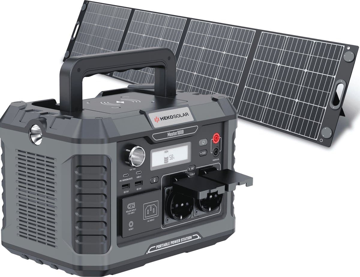 HEKO Solar Master 1000 V2 + Unfold 200 - Powerstation met Zonnepaneel - 1000W (2000W piek) - 808Wh Capaciteit - 200 Wp Zonnepaneel - Draagbaar - Generator - Voor Noodpakket, Stroomuitval, Kamperen en Outdoor