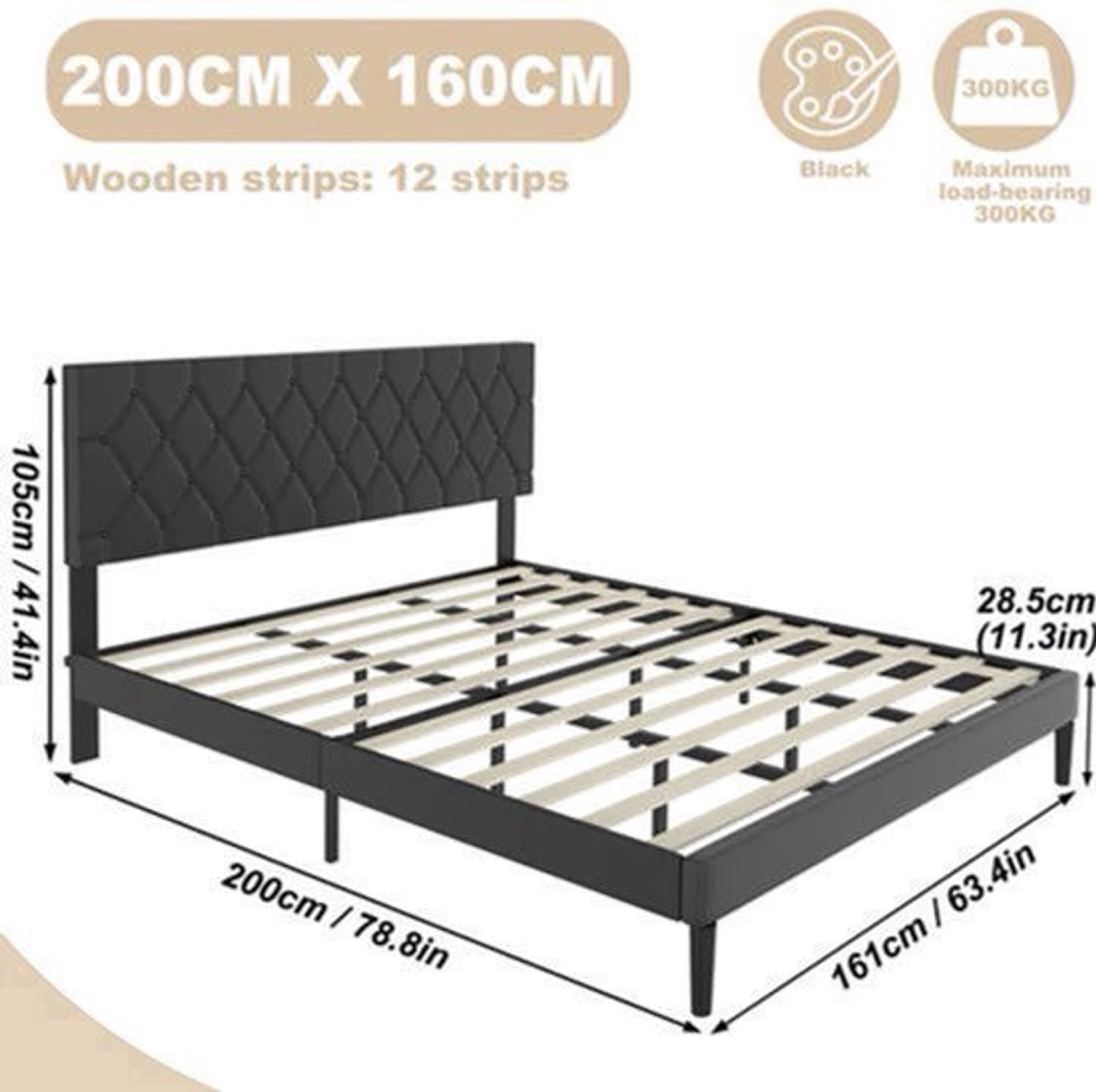 Bedframe – Gestoffeerd Bed – Tweepersoonsbed – Lattenbodem – Slaapbank – Kunstleer Hoofdbord – 160x200 cm – Draagkracht 300 kg