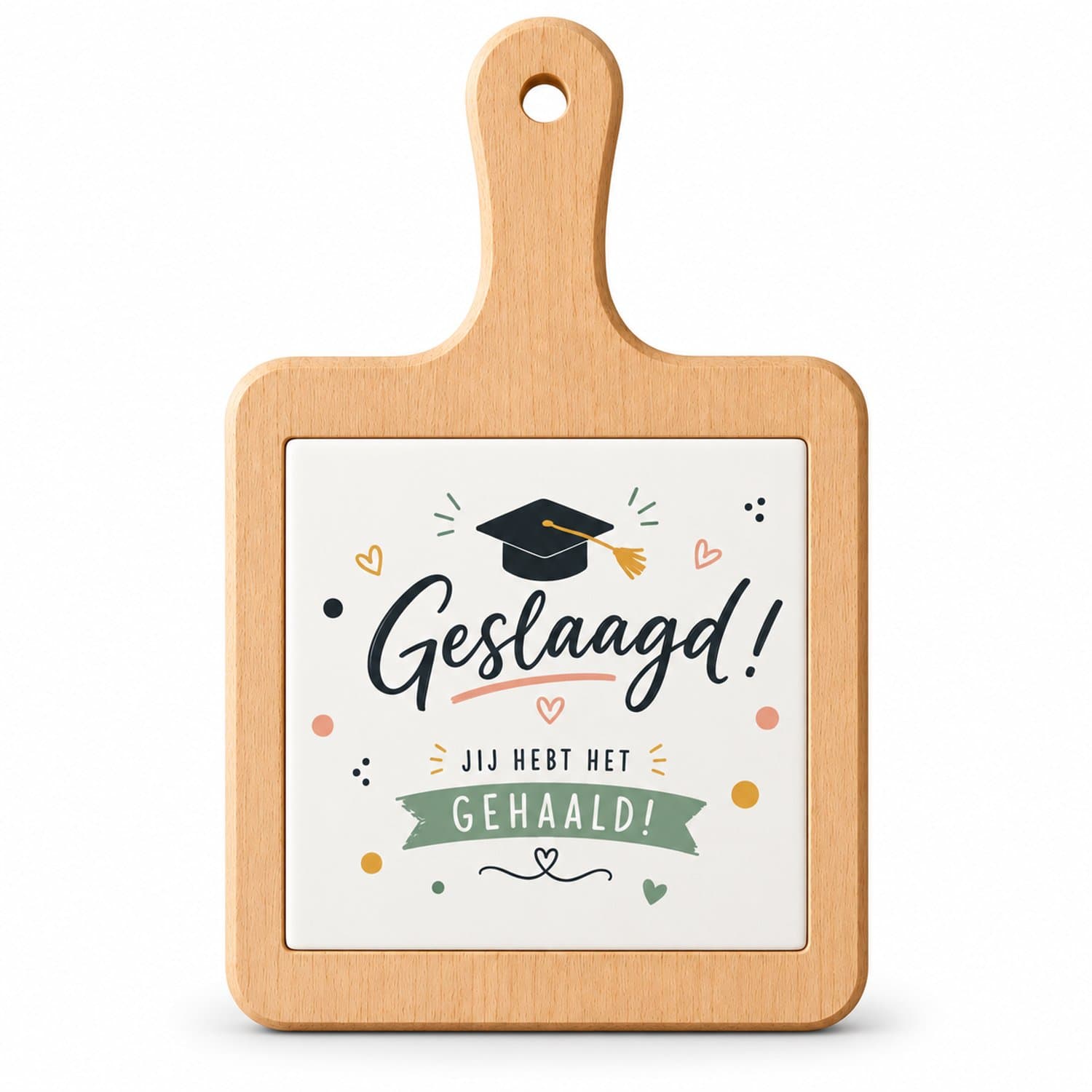 Kaasplank Geslaagd – Houten Serveerplank met Tegel 15x15 cm – Cadeau Geslaagd Diploma – Plank 18x31 cm