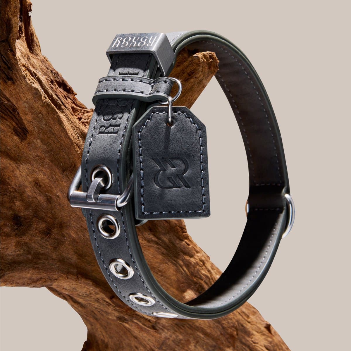 Rough Rough Leren Hondenhalsband - Halsband voor Grote Hond - Leer (vegan) - Grijs maat L