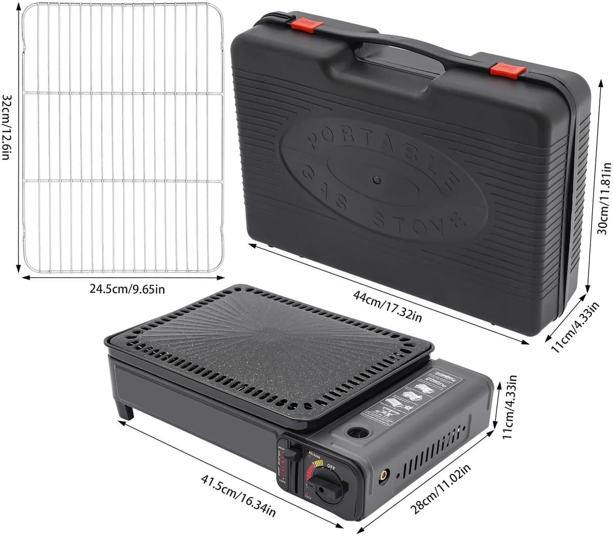 Aiverig® Camping Kooktoestel & Tafelgrill – Draagbaar Butaan Gaskooktoestel met Grillrooster – Butaan & LPG Aansluiting – Piezo-ontsteking, Vetlade & Opbergkoffer – Zwart – Voor Camping, Picknick & Tuin – 41,5×28×11 CM