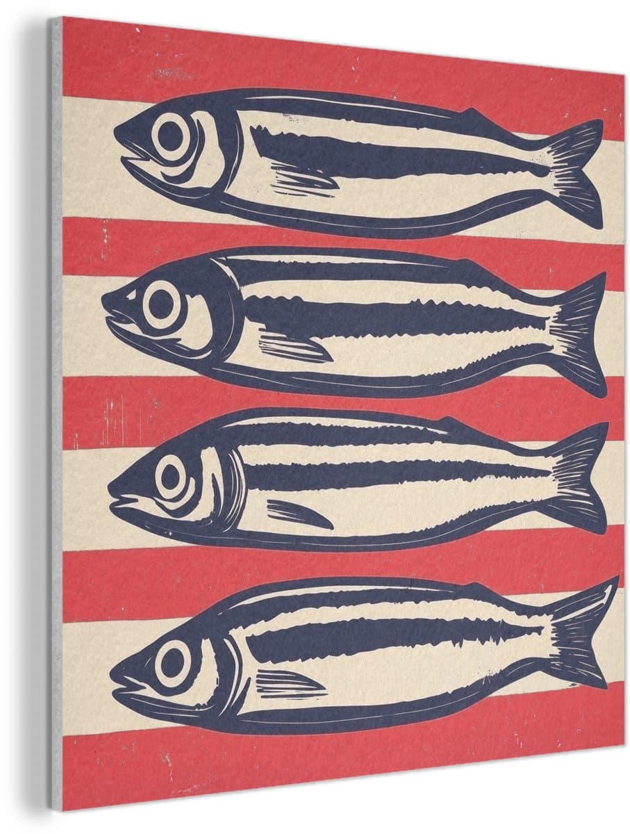 Akoestisch wandpaneel 80x80 cm - Vilt schilderij Sardines - Rood en beige strepen - Akoestische panelen - Geluidsdempende wanddecoratie - Geluidsisolatie woonkamer - Muurdecoratie geluidspanelen