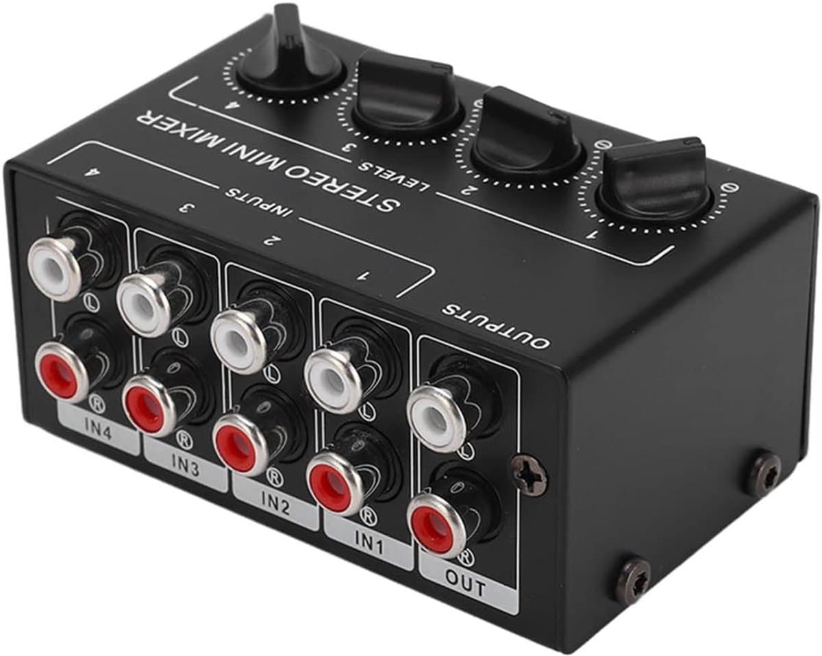 Mini Passieve Stereo Audiomixer - 4 Kanaals RCA Mixer voor Computer, Telefoon, en Tablet