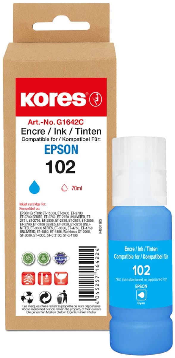 Kores inktfles G1648BK vervangt EPSON 104, zwart