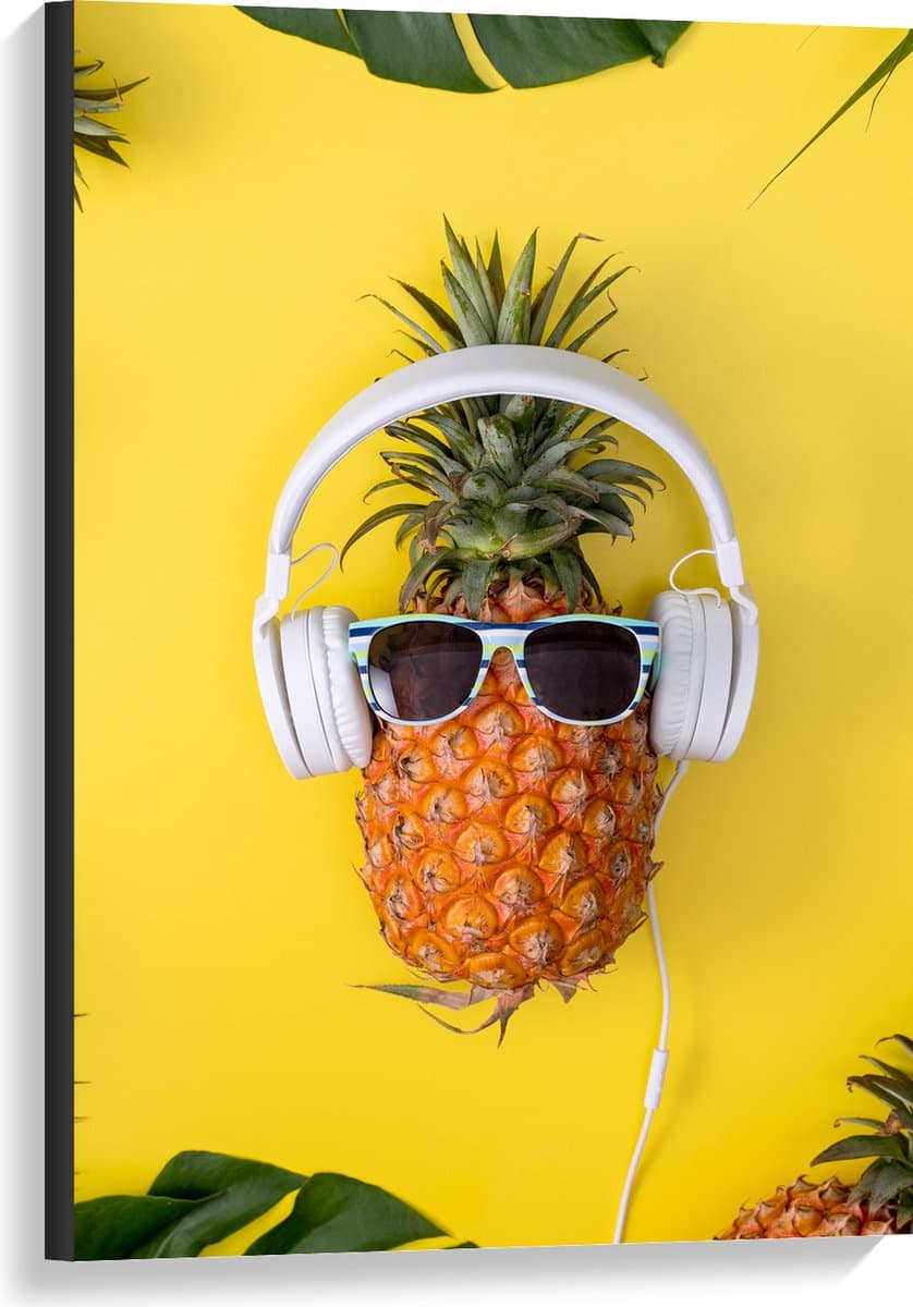 Canvas - Ananas met Witte Headset op Felgele Achtergrond - 60x90 cm Foto op Canvas Schilderij (Wanddecoratie op Canvas)