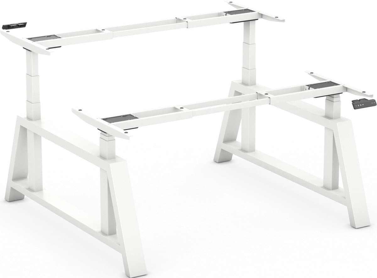 Worktrainer - OakDesk Dubbel Zit Sta Bureau - Hoogte 73,5 - 137,5 cm - Breedte 107,5 - 180 cm - Wit/Wit - Memory Bediening - In Hoogte Verstelbaar Bureau Duo Onderstel - Elektrisch Frame