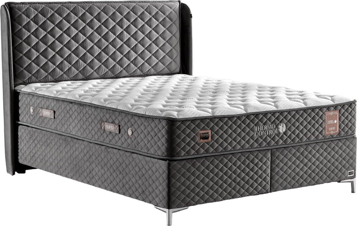 Bambi Thermo Control - Bed Boxspring Set - Complete Boxspring - 200x200 - Slaapkamerbed - 1 x Matras met Topper, 2 x Bedbox, 1 x Hoofdbord - Antraciet