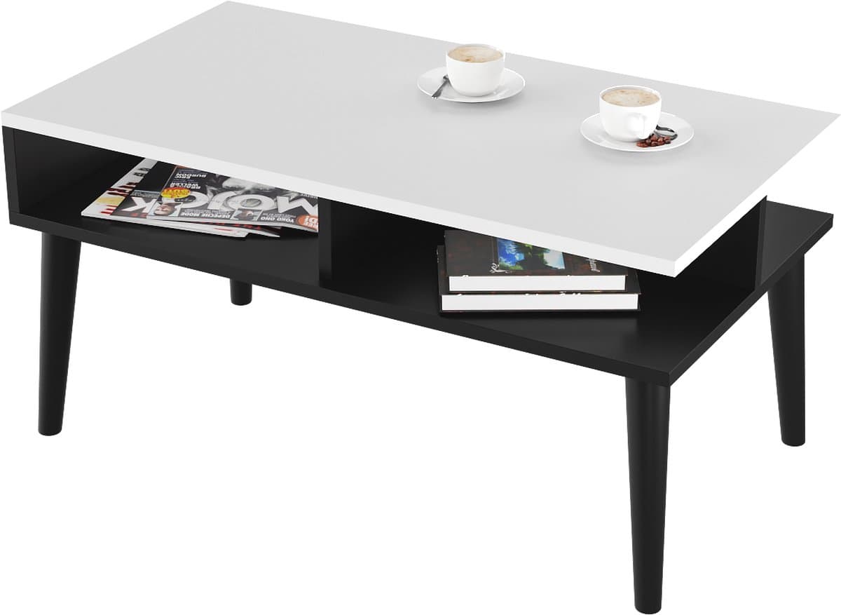 BOGATECO Salontafel met 2 Opbergplanken - 90 x 50 x 45 cm - Sofatafel met Houten Poten - Moderne Woonkamertafel - Stabiele Constructie
