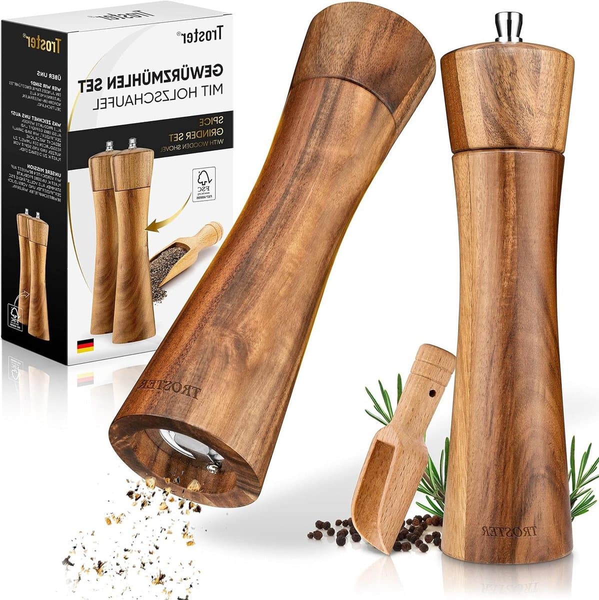 3-delige set kruidenmolens hout keramisch maalwerk zout peper groot - kruidenschep - cadeau