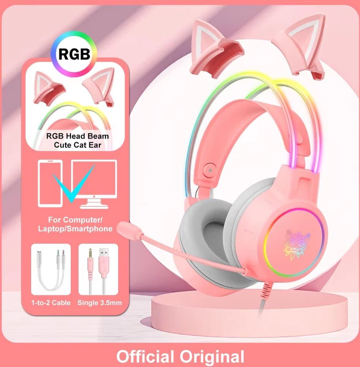 X15 Pro Over-Ear Hoofdtelefoon - Koptelefoon - Gaming Headset - Bedraad - Cancelling - Oortjes - Roze - Kat Oren - Rgb Licht - Met Microfoon - Voor Pc - Playstation - Xbox - Nintendo -