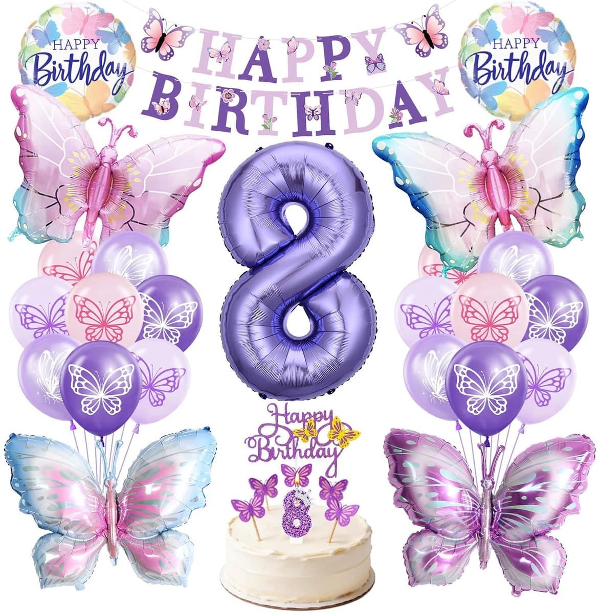 Dailygoods- Verjaardagsballon Vlinder 8 Jaar - Feestballonnen - Decoratie Verjaardag - Verjaardagsfeest - Meisje - Kleurige Versiering - Feestballon