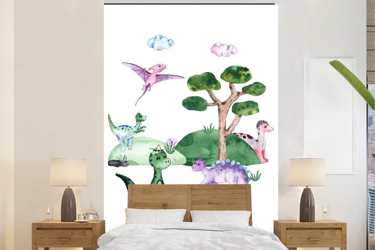 Behang meisjeskamer - Fotobehang Kinderkamer - Dinosaurus - Wit - Jongens - Meisjes - Kinderen - Breedte 195 cm x hoogte 300 cm - Kinderbehang
