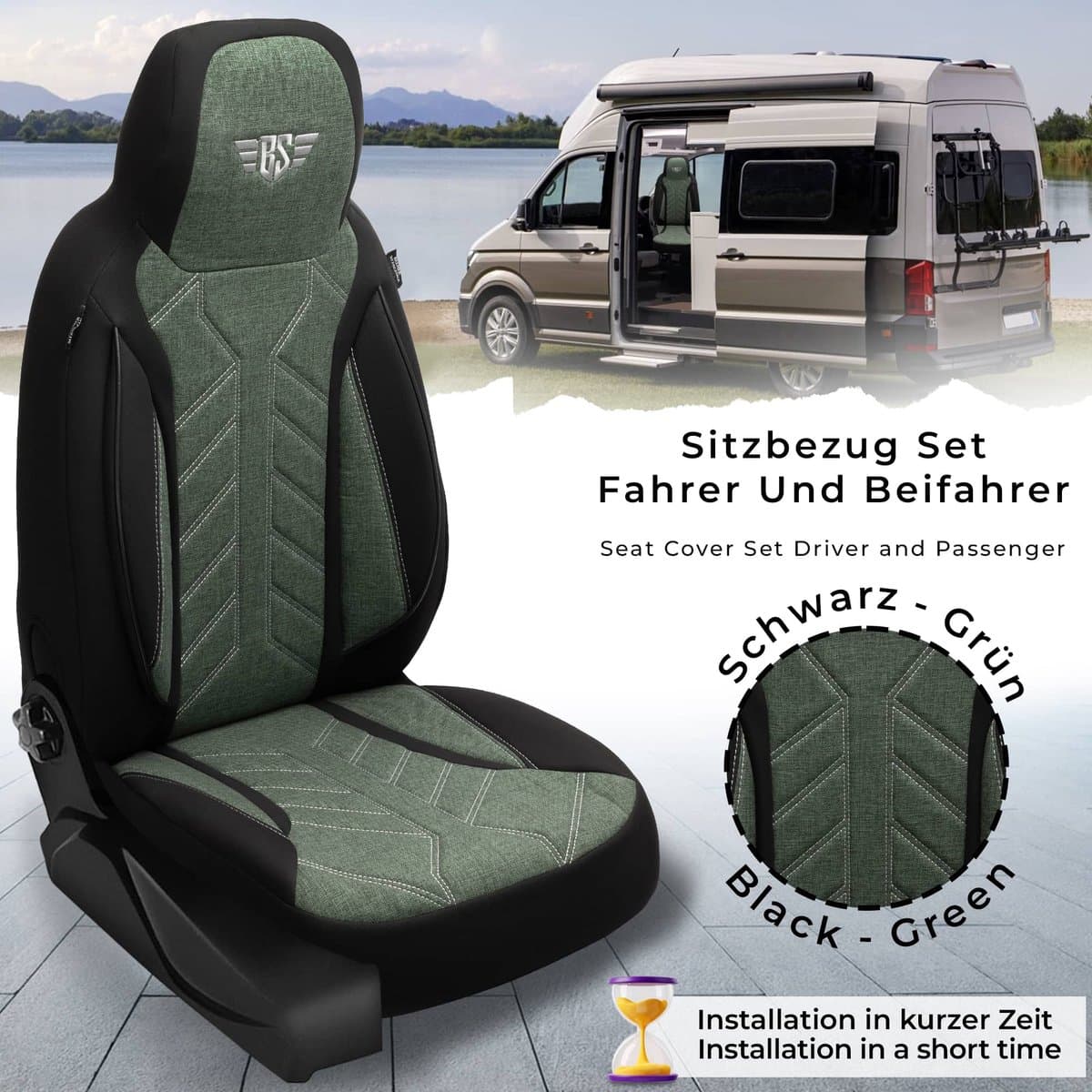 Premium Camper stoelhoezen voor Etrusco CV Modell PLKT213 in Zwart/Olijfgroen (2 losse stoelen)