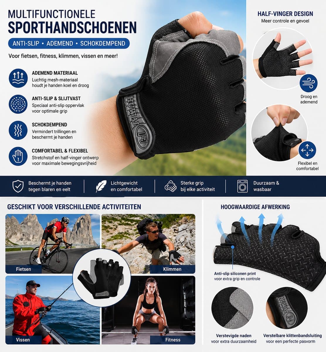 Maat XL Vingerloze gymtrainingshandschoenen voor heren Fietshandschoenen Dames Sport Fitness Motor Mtb Antisliphandschoenen Fietsaccessoires