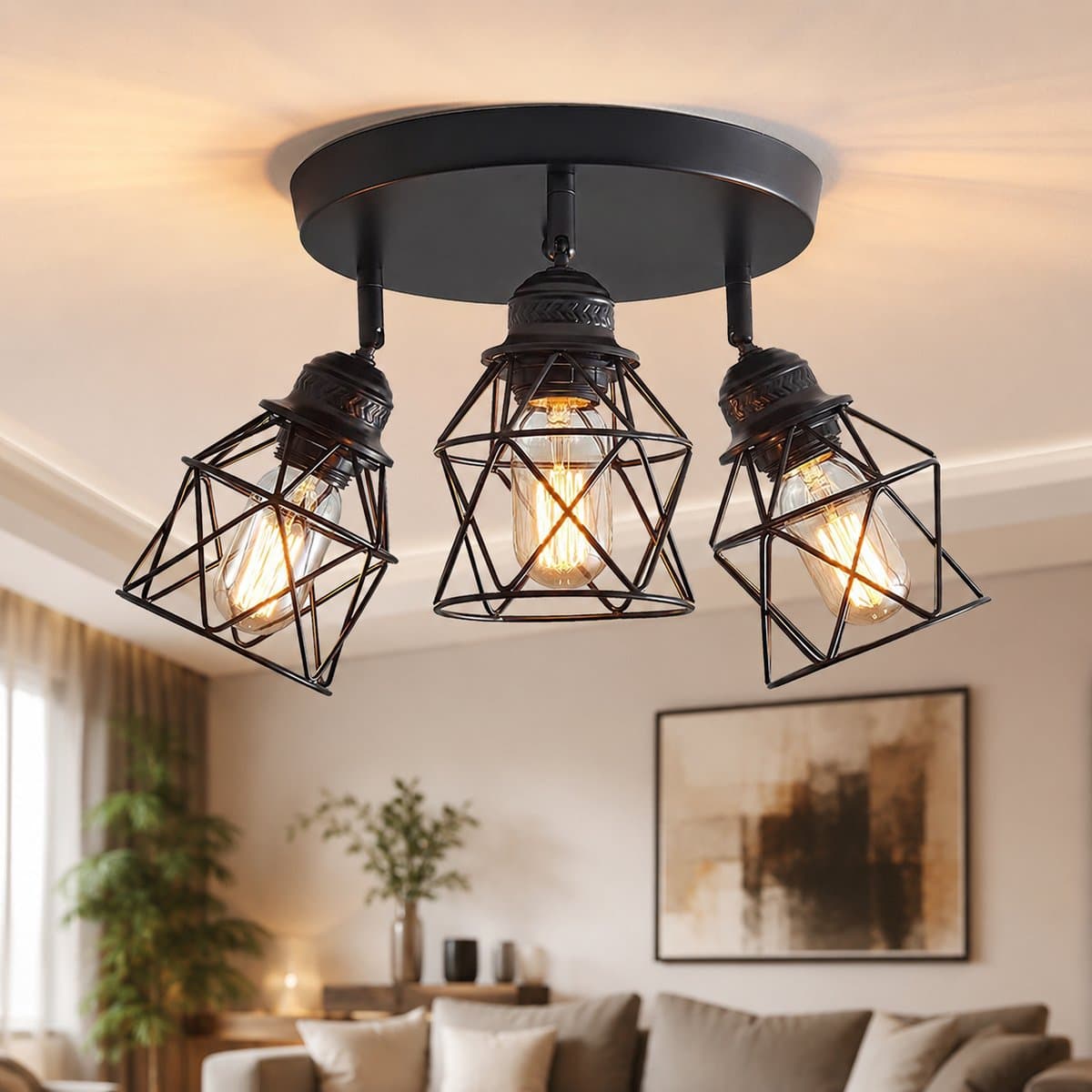 Lapamax Plafondlamp Industriële Zwart 3-Lichts - Plafonnière met 360° Verstelbare Lampkoppen - Metalen Kooi Design - Exclusief Lichtbronnen - voor woonkamer,Keuken, Hal, Eetkamer en Slaapkamer