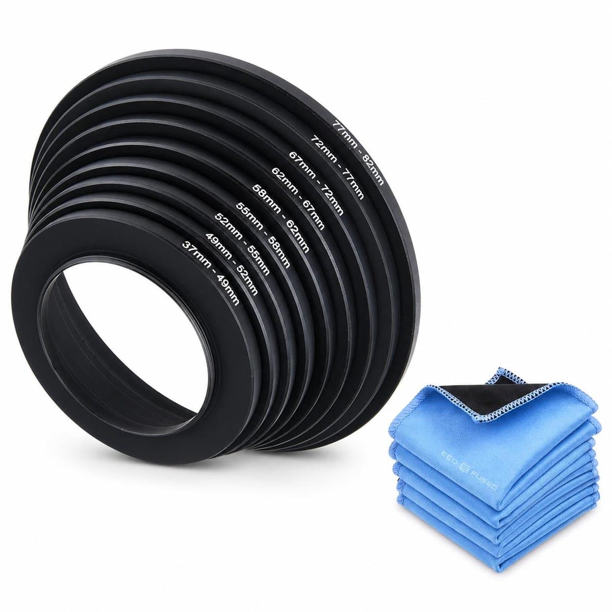 Camera Lens Accessoire Set – 9x Step-Up Filter Adapter Ringen 37-82 mm + 5x Dubbelzijdige Reinigingsdoeken Microvezel & Suède 17 x 16 cm – Voor Camera, Lensfilters en Lenzen