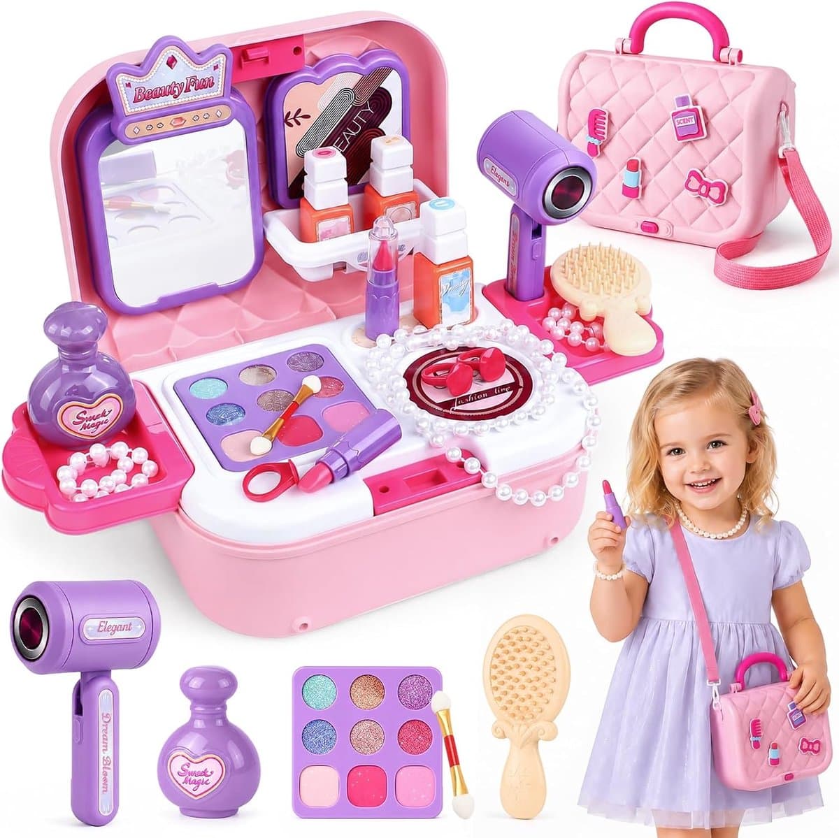 2-In-1 Draagbare Make-Upset Voor Kinderen – Speelgoedset Voor Meisjes – Make-Upset Voor Kinderen – Make-Uptasje Met Schouderband – Make-Upset Voor Meisjes – Cadeau Voor Halloween, Kerstmis Of Een Verjaardag – Geschikt Voor Kinderen Van 6-12 Jaar
