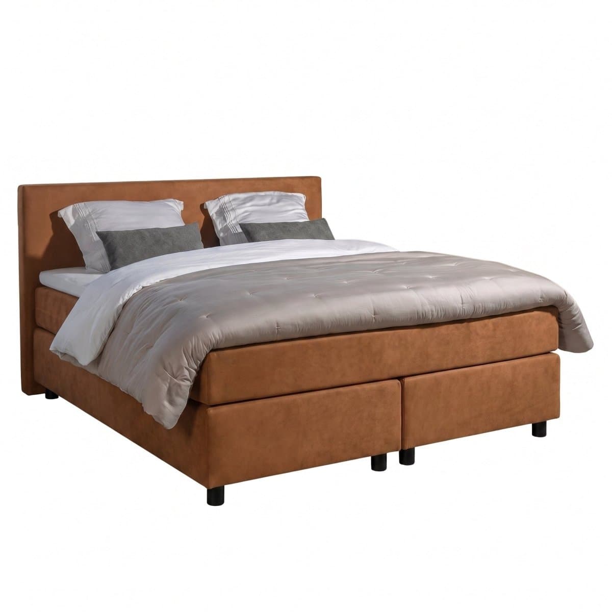 Mörgenn Boxspring Amsterdam - Pocketvering - Cognac Lederlook - 140x200 cm - Inclusief Dekbed en Kussens