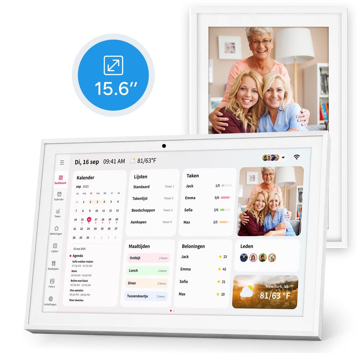 15,6" Digitale kalender& Fotolijst , elektronische kalender – 1080P Full HD Slimme Gezinsplanner-Digitale Fotolijst & Takenlijst, Interactief Haarddisplay – Wand- en Bureaumontage Voor Naadloze Planning