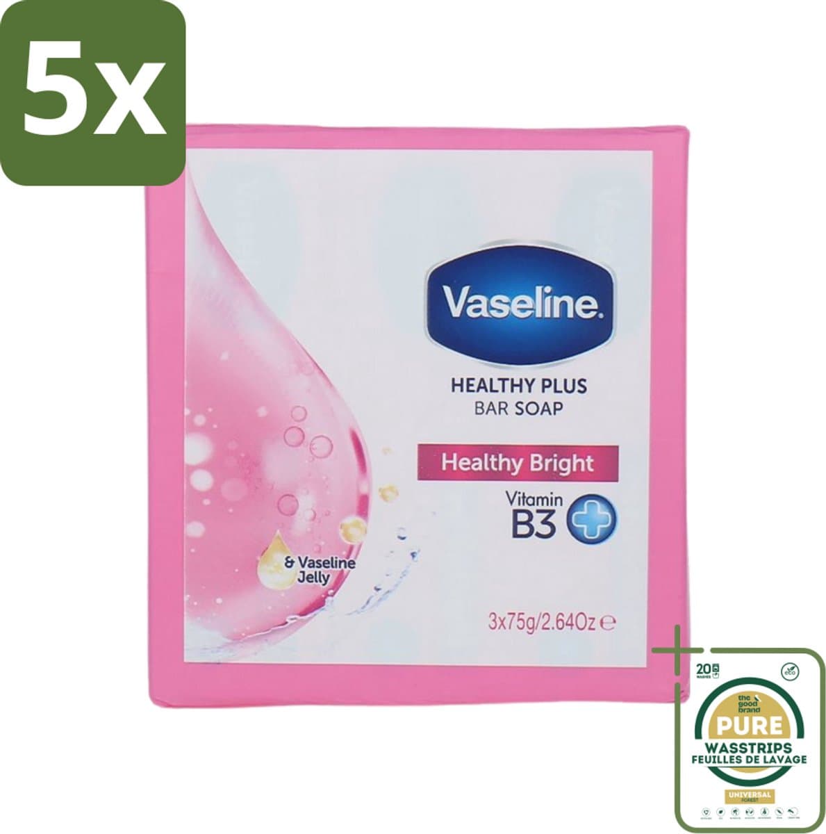 5 x Vaseline - Healthy Bright - Zeeptablet - Reinigend & Verzorgend - 3x75 ml - Grootverpakking - Zeep - Huidverzorging - Reiniging - Gezond Huid - Gezondheid